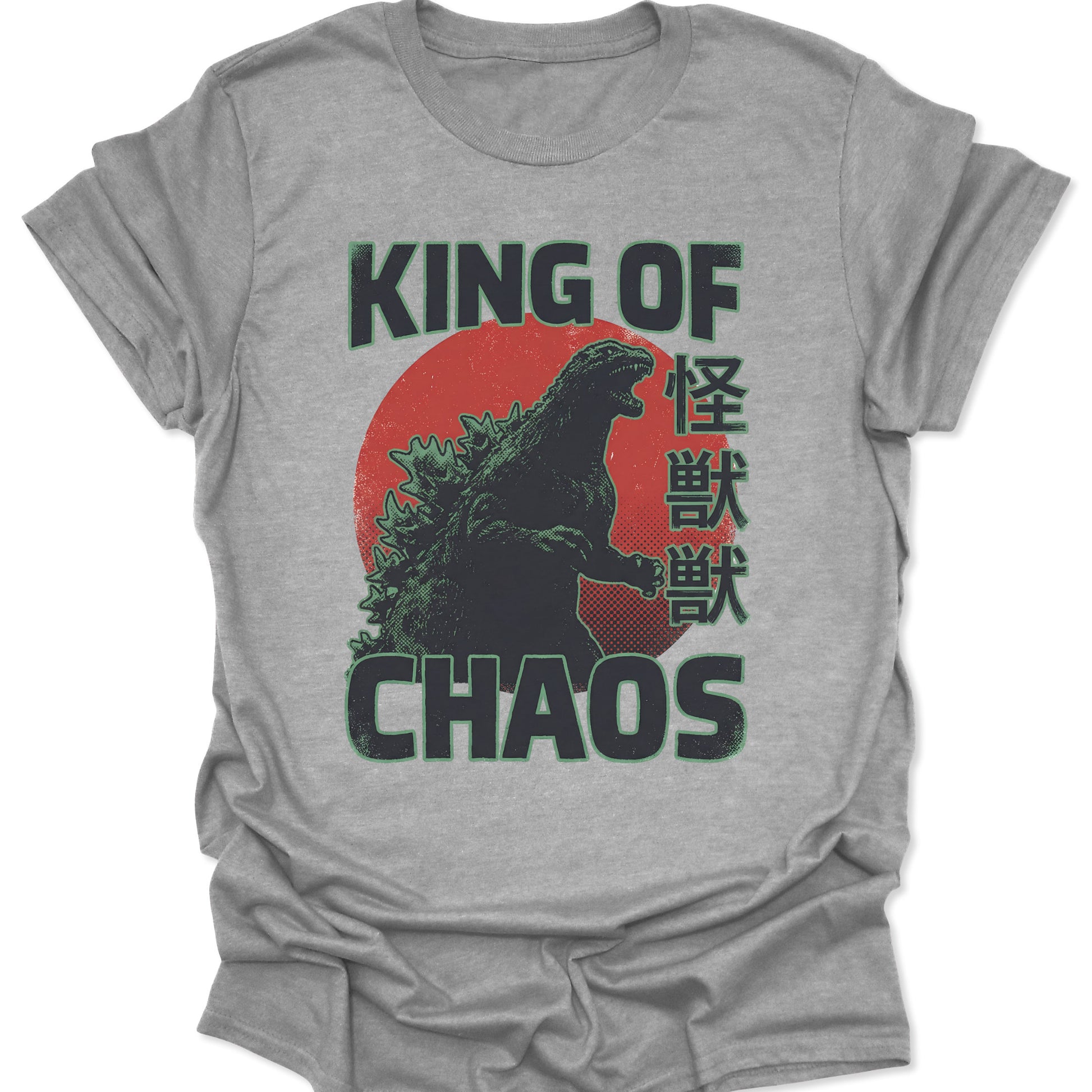 Sport grey heather tee featuring a Japanese monster graphic, red rising sun, and King of Chaos Kanji typography.