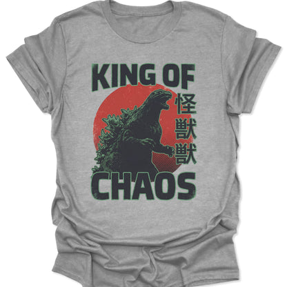 Sport grey heather tee featuring a Japanese monster graphic, red rising sun, and King of Chaos Kanji typography.