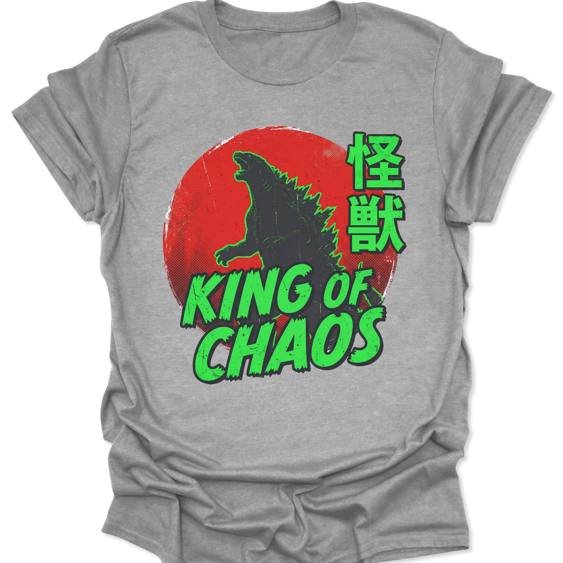 Sport Grey unisex adult t-shirt with a high-contrast green Kaiju print and "King of Chaos" Japanese streetwear design.
