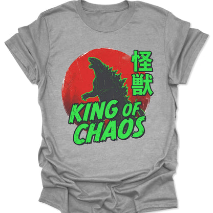 Sport Grey unisex adult t-shirt with a high-contrast green Kaiju print and "King of Chaos" Japanese streetwear design.
