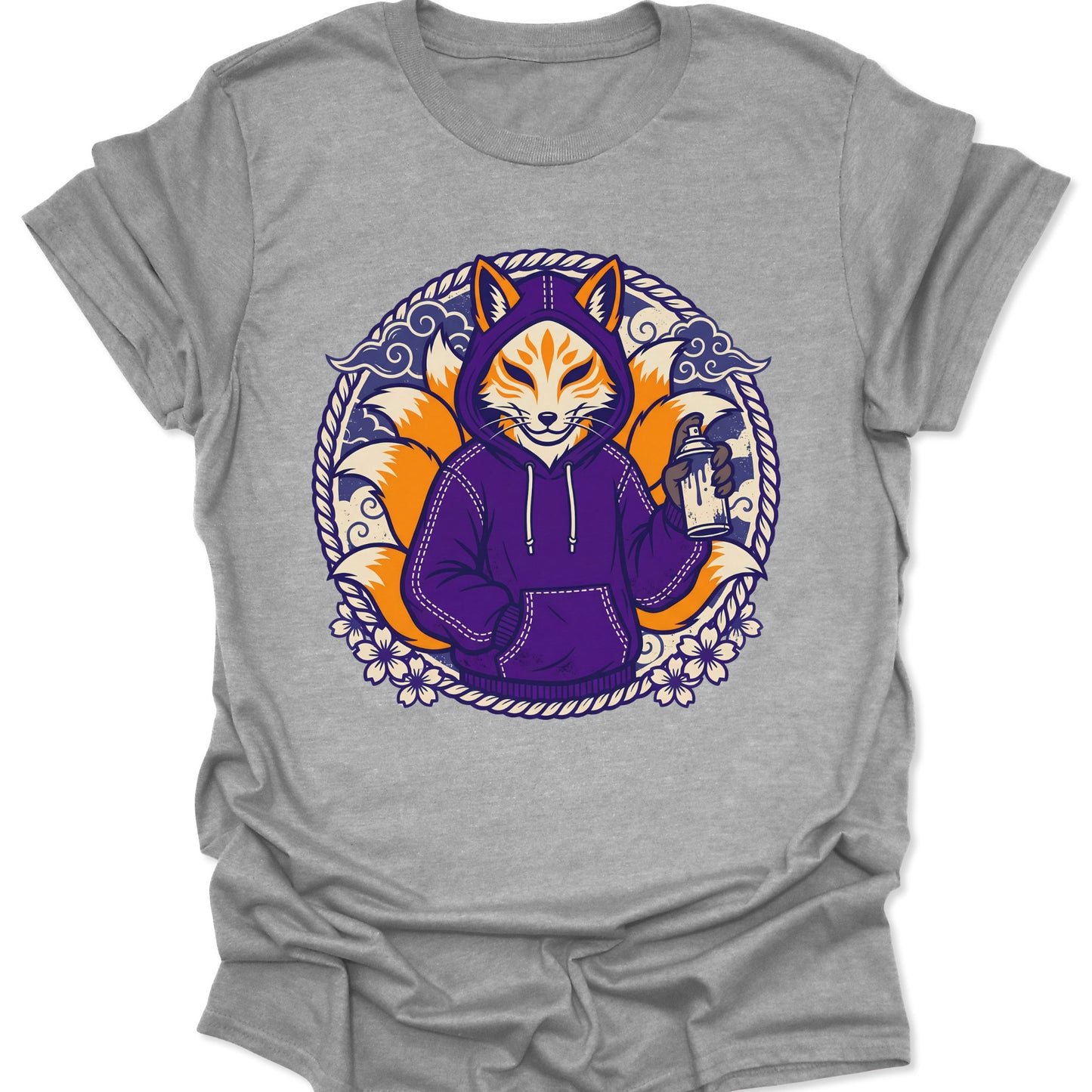 Sport Grey unisex adult t-shirt with a streetwear nine-tailed fox graffiti artist graphic in vibrant orange and purple.