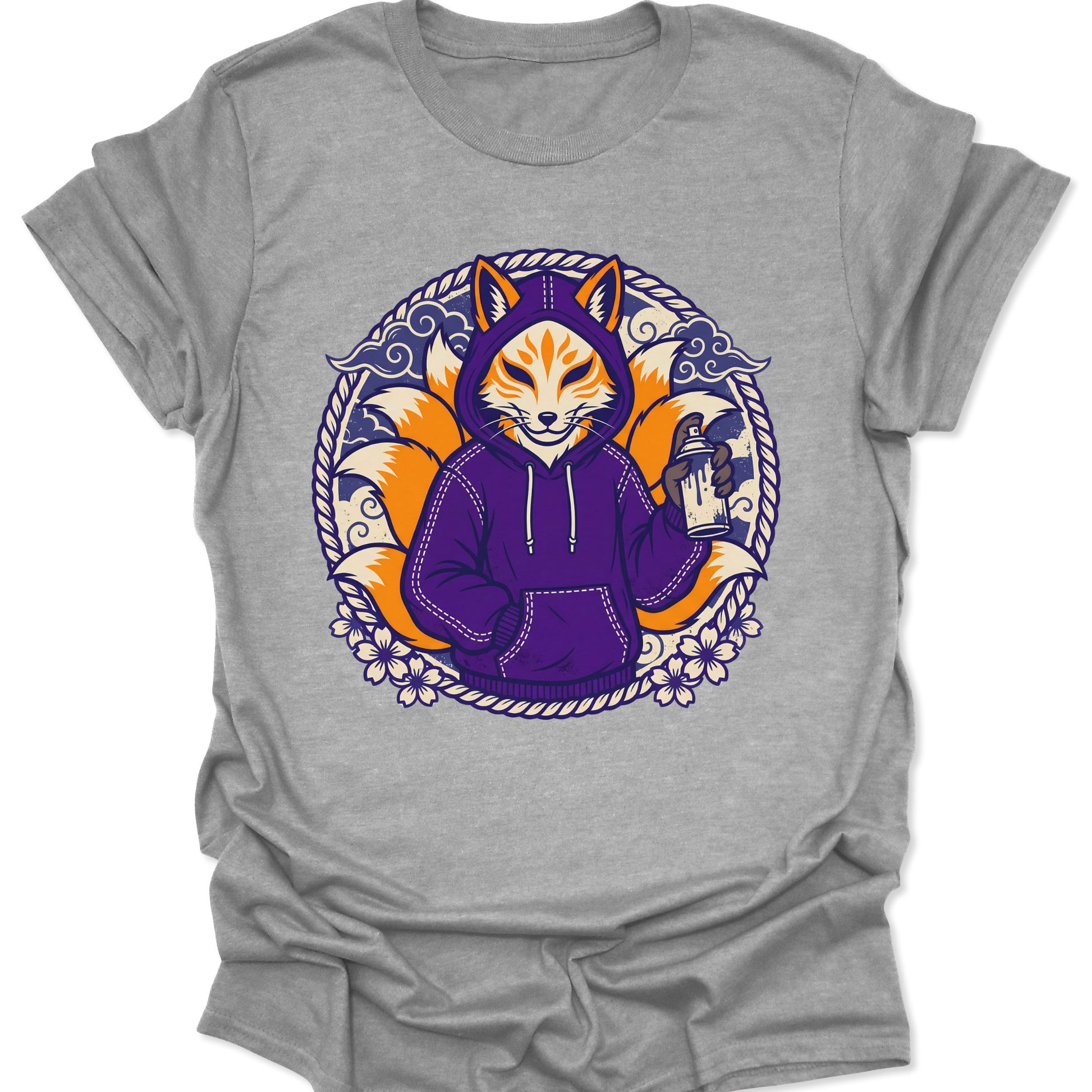 Sport Grey unisex adult t-shirt with a streetwear nine-tailed fox graffiti artist graphic in vibrant orange and purple.