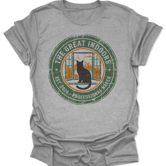 Sport Grey unisex adult t-shirt with a vintage distressed Great Indoors cat logo and orange mountain landscape detail.