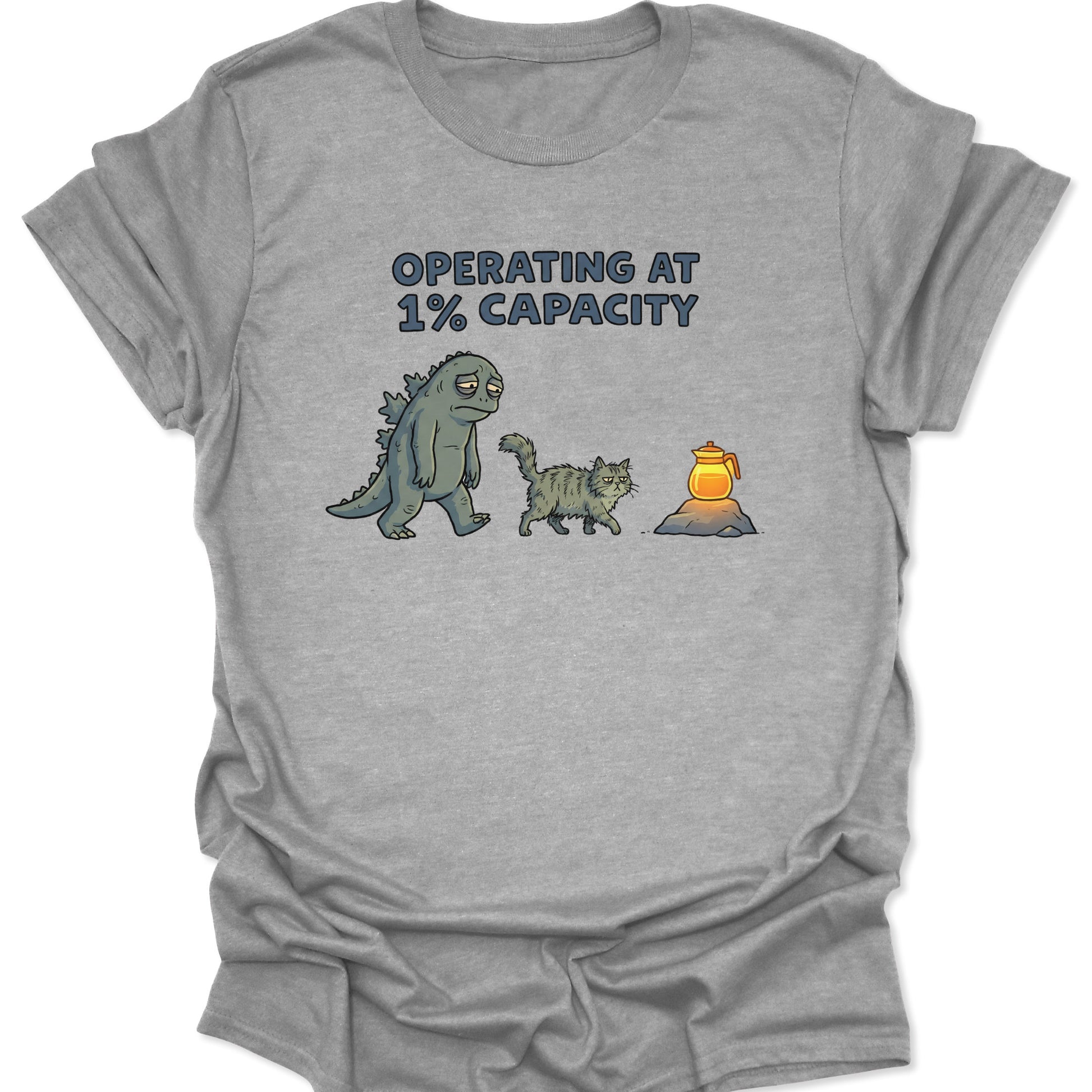 Sport Grey shirt showing sleepy monster and feline marching to glowing coffee pot funny work humor graphic.