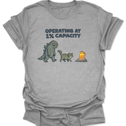 Sport Grey shirt showing sleepy monster and feline marching to glowing coffee pot funny work humor graphic.