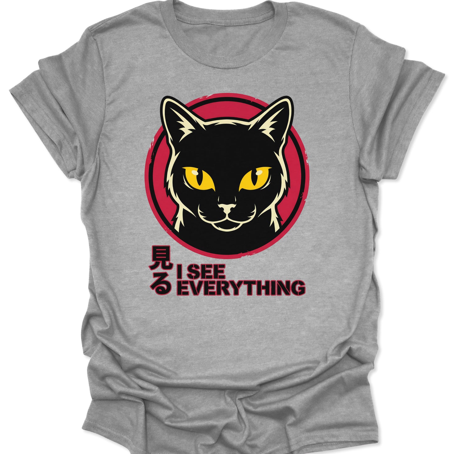 Sport grey unisex adult t-shirt with a bold black cat graphic, yellow eyes, and I See Everything streetwear design.