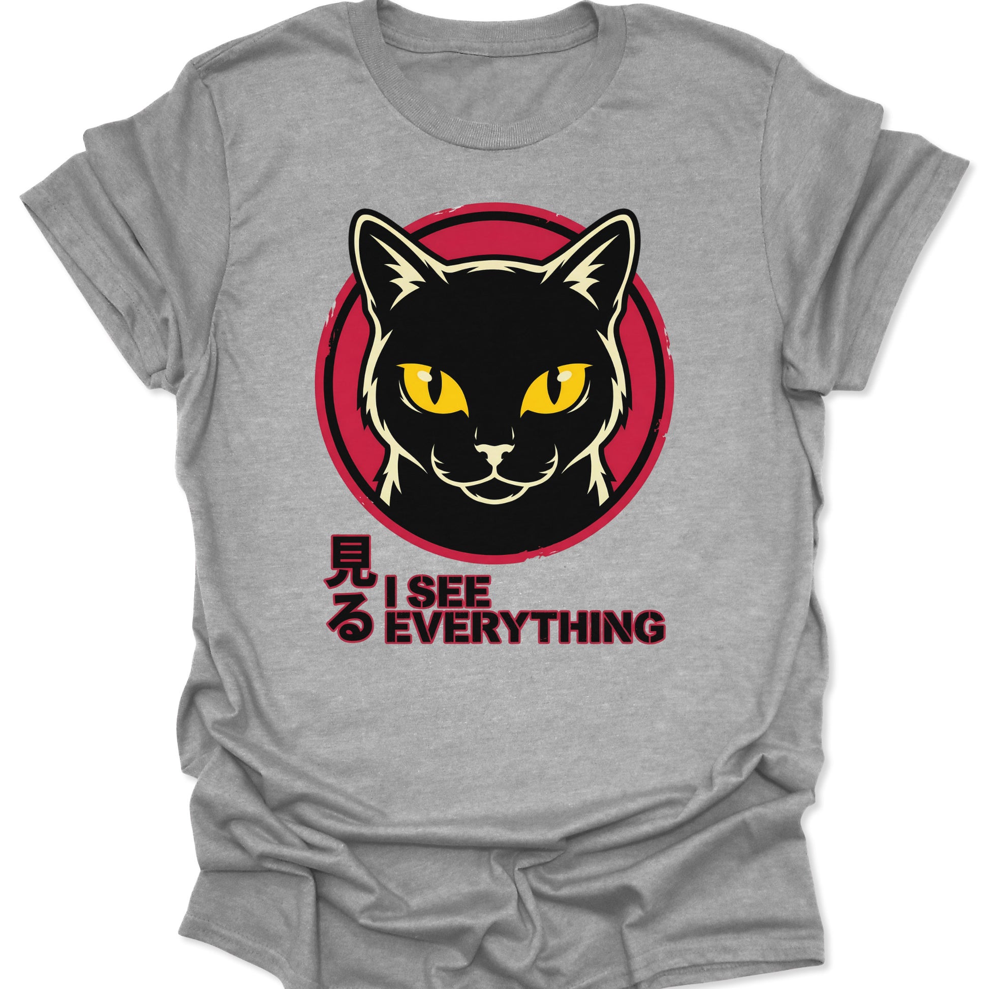 Sport grey unisex adult t-shirt with a bold black cat graphic, yellow eyes, and I See Everything streetwear design.