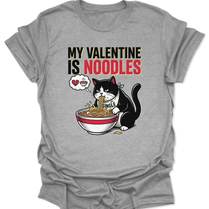 Sport Grey unisex adult t-shirt featuring grumpy tuxedo cat eating ramen with text My Valentine Is Noodles funny anti-love art.