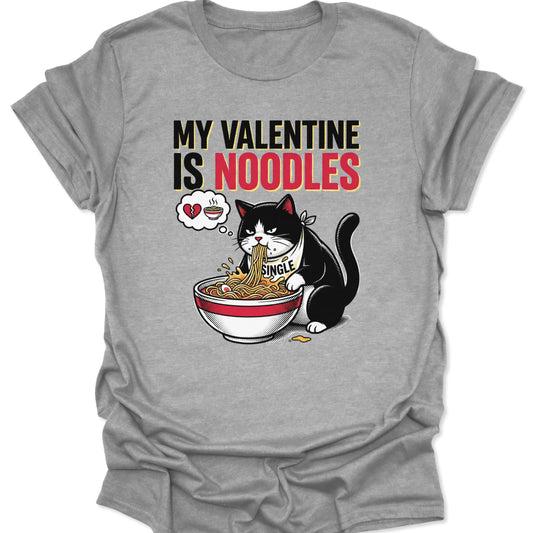 Sport Grey unisex adult t-shirt featuring grumpy tuxedo cat eating ramen with text My Valentine Is Noodles funny anti-love art.