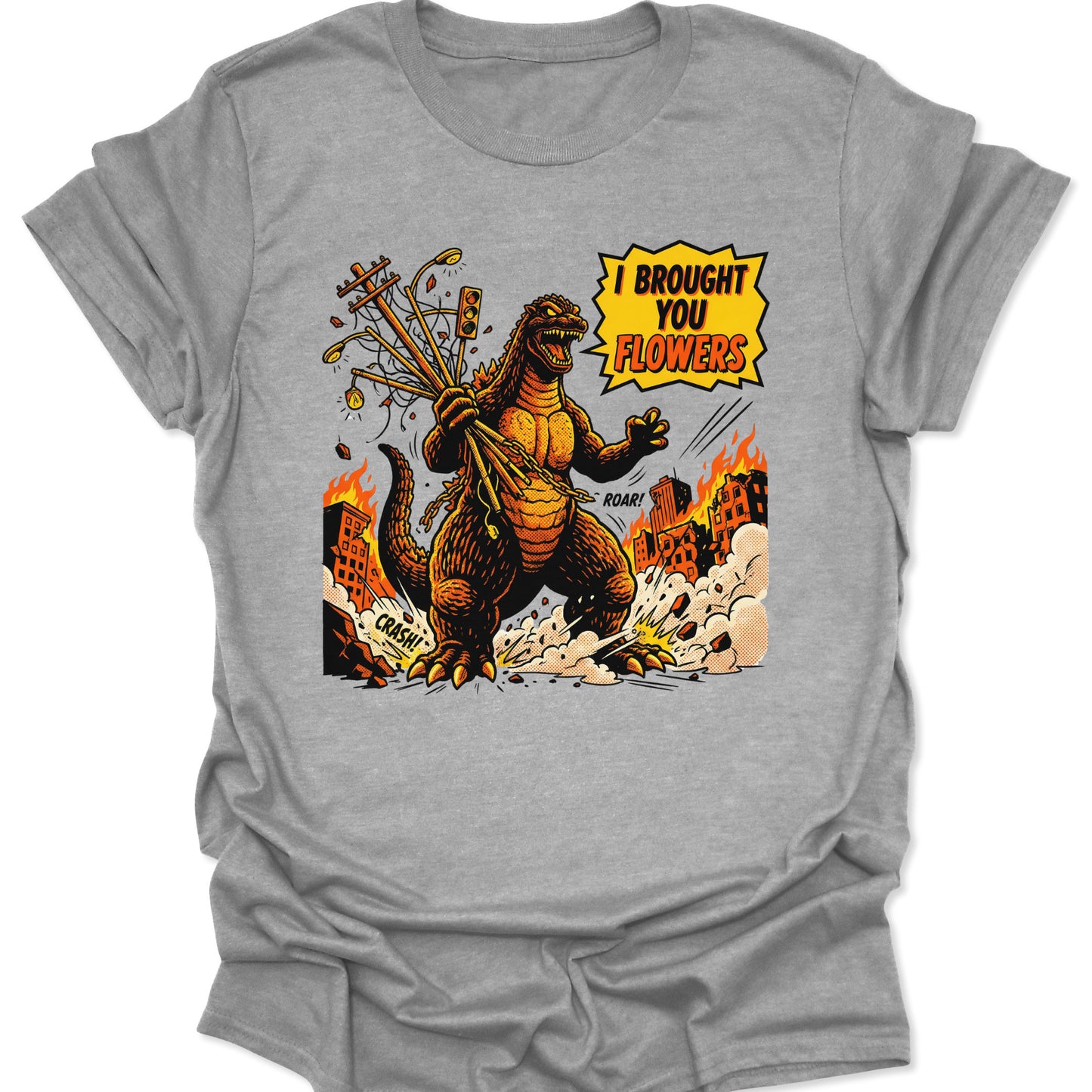 Sport Grey unisex adult t-shirt showing a giant Japanese monster offering a bouquet of utility poles in a vintage comic style.