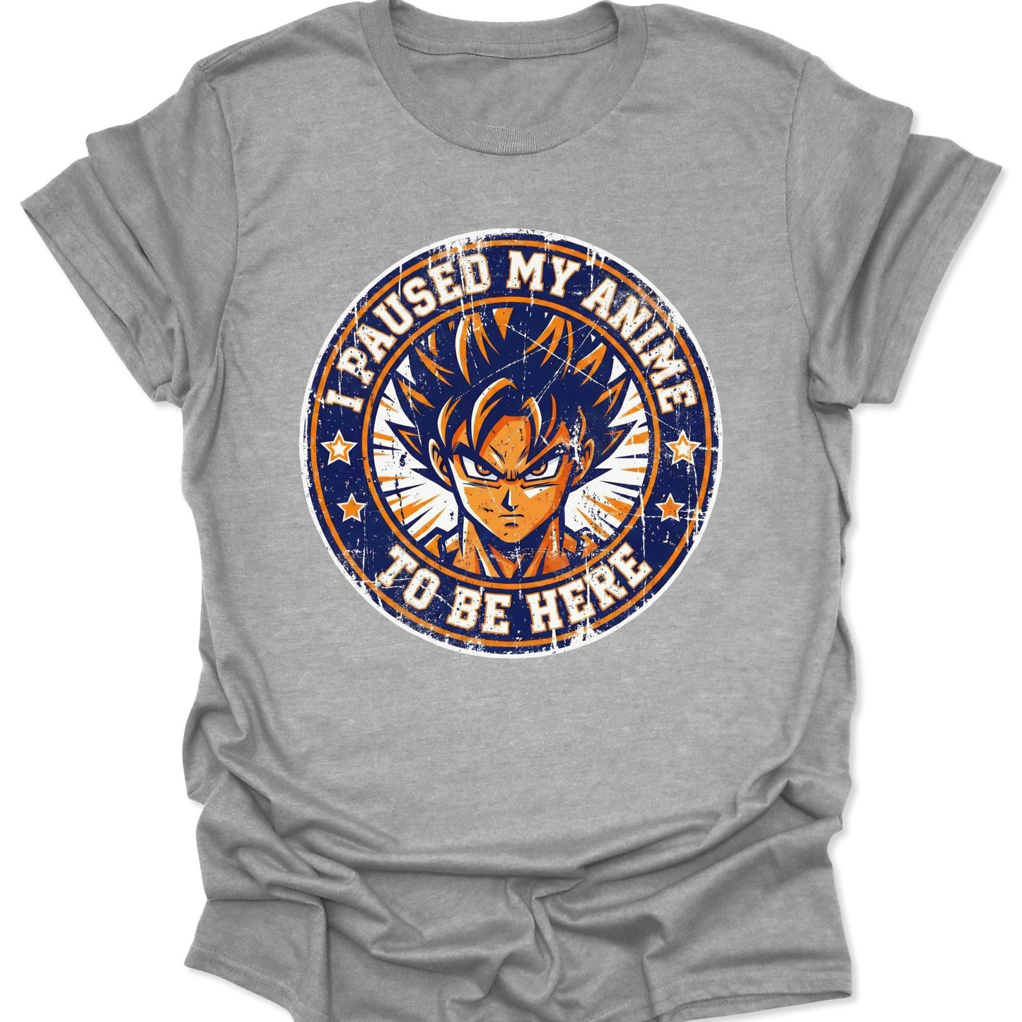 Sport Grey unisex adult t-shirt showing a circular distressed anime warrior print with stars and high-intent gamer slogan.