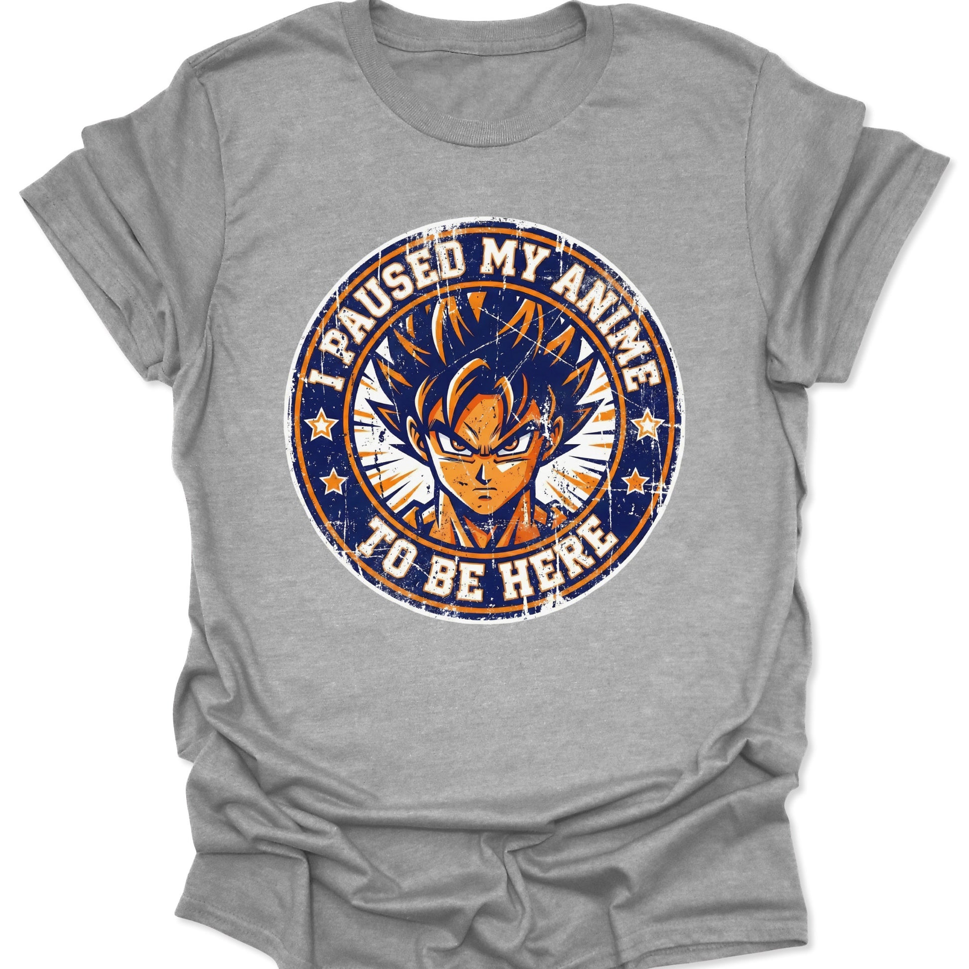 Sport Grey unisex adult t-shirt showing a circular distressed anime warrior print with stars and high-intent gamer slogan.