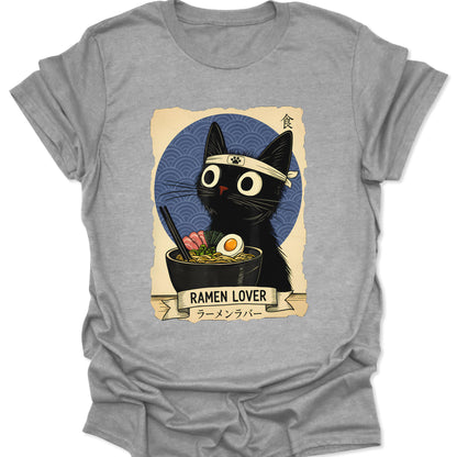 Sport Grey heathered cotton shirt with a vibrant black cat ramen bowl illustration and red Katakana text, isolated on a light grey background.