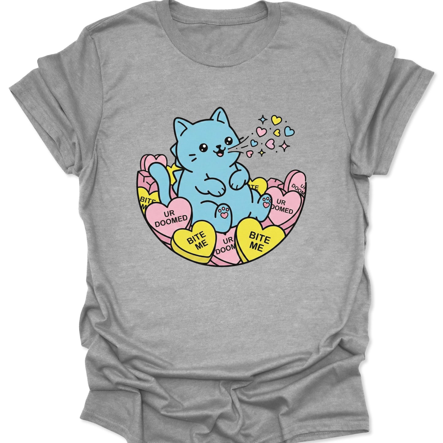 Sport grey unisex adult t-shirt featuring a japanese aesthetic cat graphic with funny anti-valentine conversation hearts.