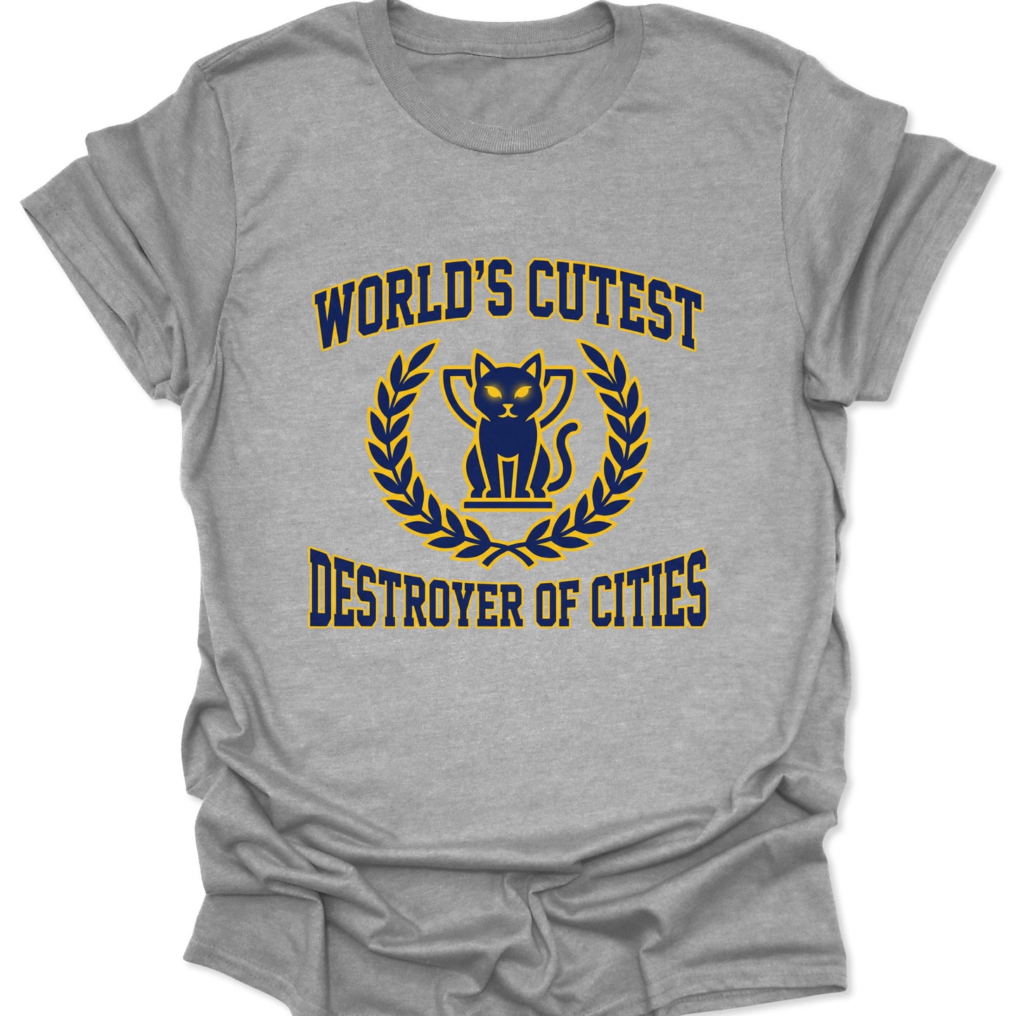 Sport grey unisex adult t-shirt with navy blue and gold vintage anime cat mascot graphic in a collegiate laurel wreath.