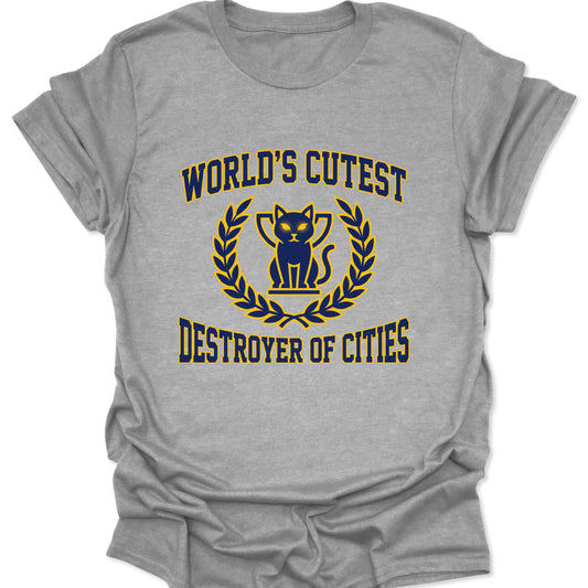 Sport grey unisex adult t-shirt with navy blue and gold vintage anime cat mascot graphic in a collegiate laurel wreath.