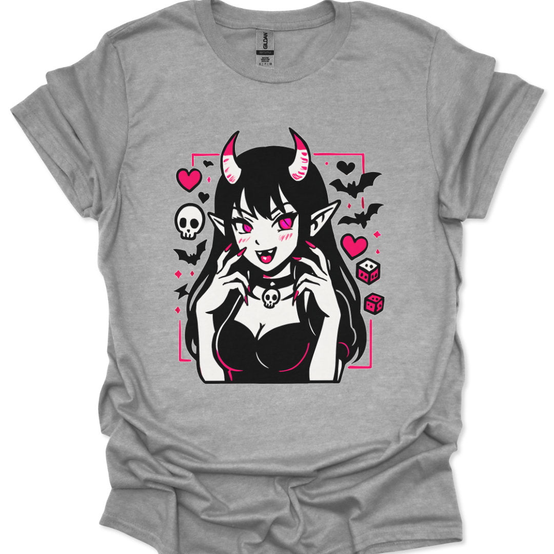 kawaii demon girl with horns and bats in anime style