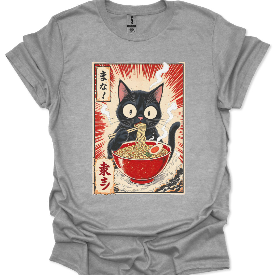 Gray t-shirt with a black cat eating ramen design on a white background