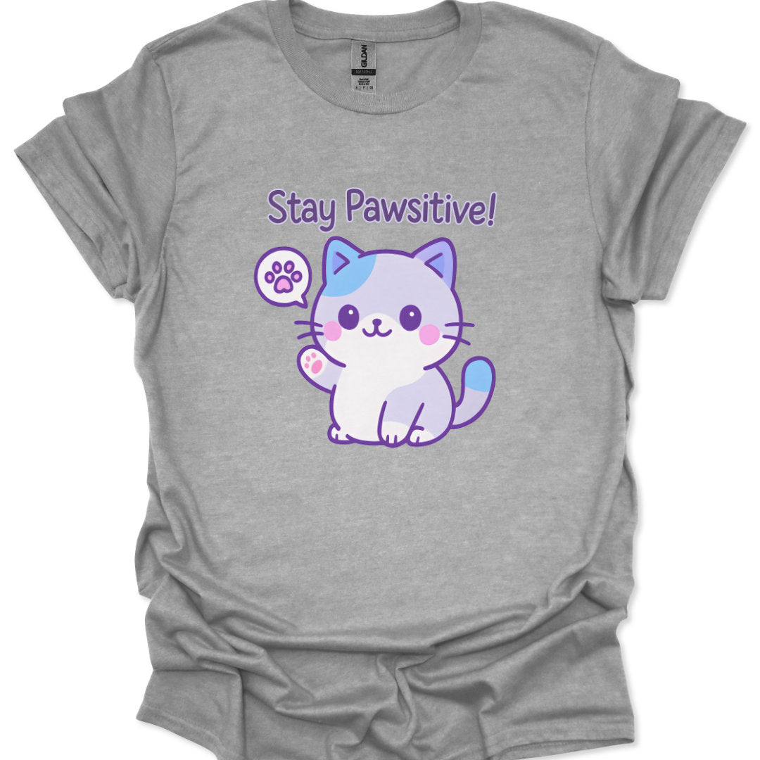 Gray t-shirt with a cartoon cat and 'Stay Pawsitive!' text on a white background