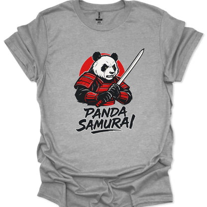 Gray t-shirt with a panda samurai graphic and text on a white background