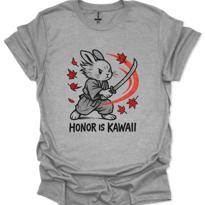 Gray t-shirt with a kawaii-themed design of a rabbit holding a sword and the text 'Honor is Kawaii'.