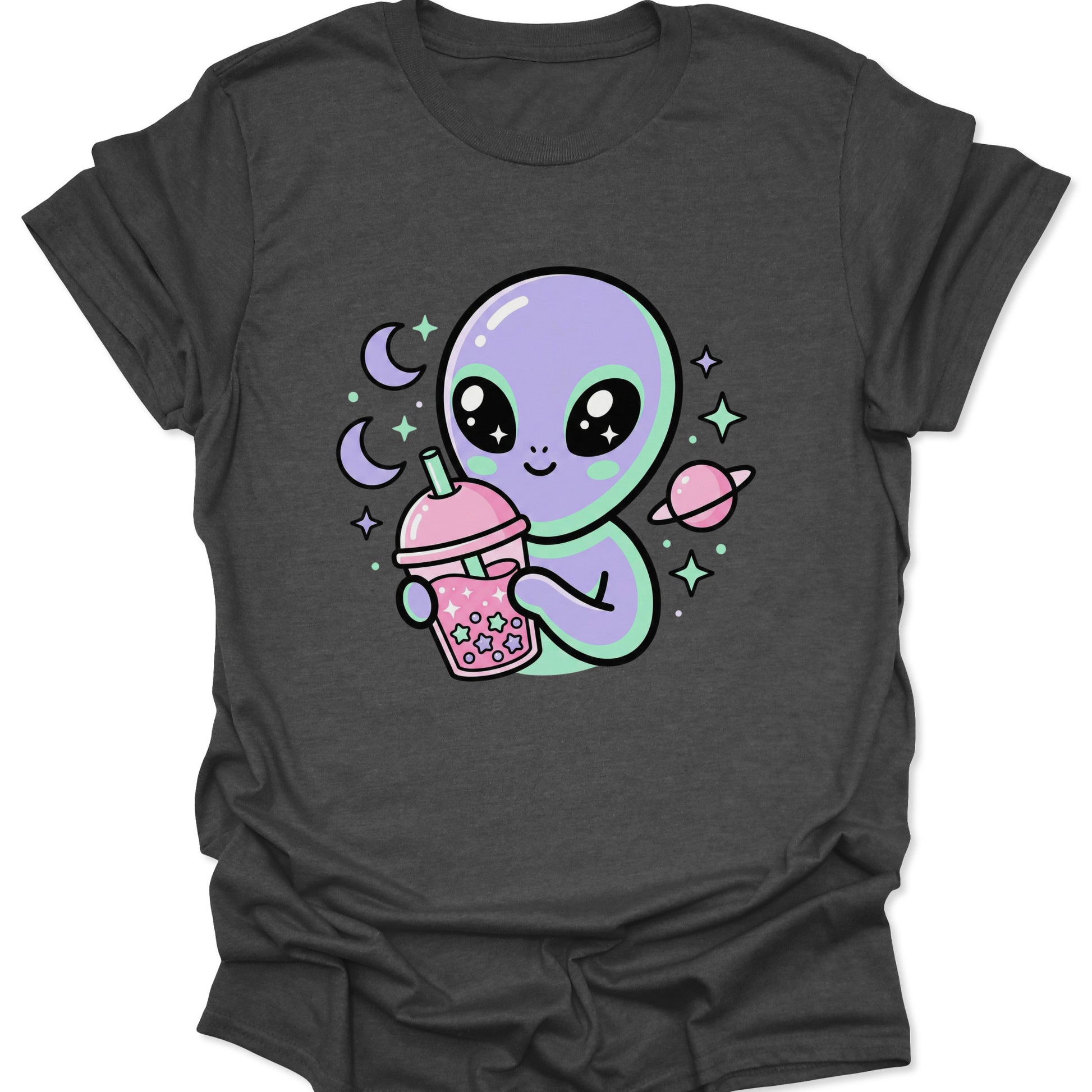 Dark heather unisex adult t-shirt with a cute pastel alien sipping star-filled bubble tea in a galaxy setting.