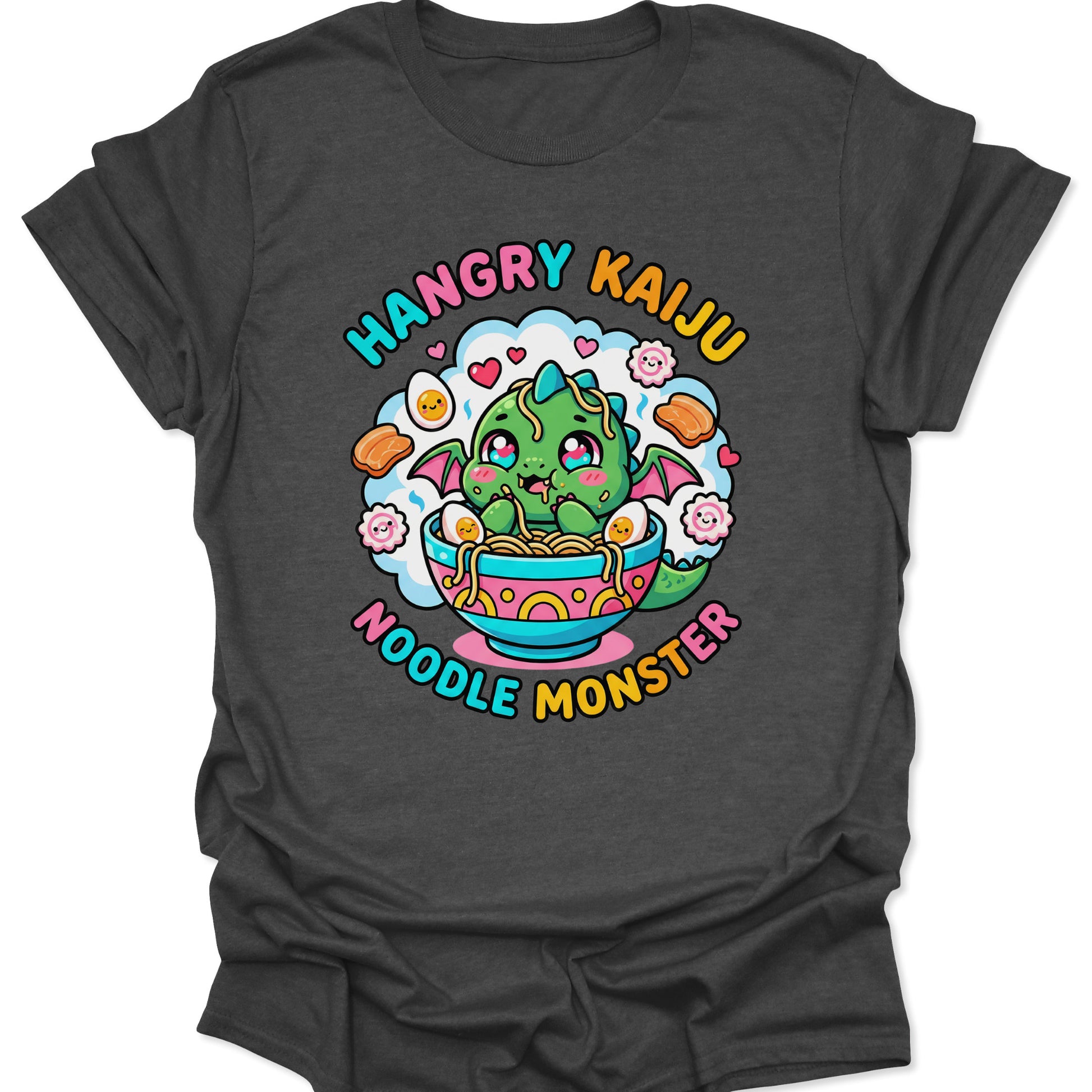 Dark Heather unisex adult t-shirt featuring adorable anime monster art and hangry kaiju typography for foodies.