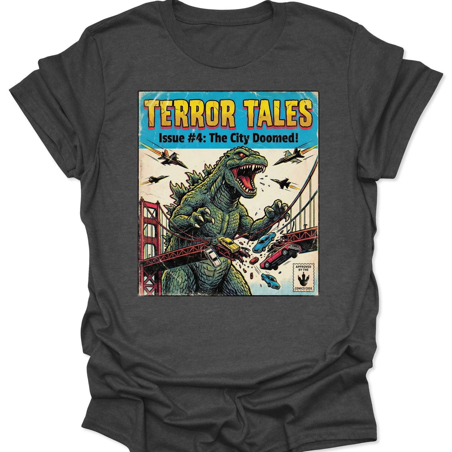 Dark Heather unisex adult t-shirt with a vintage monster movie poster design and distressed horror comic book aesthetic.