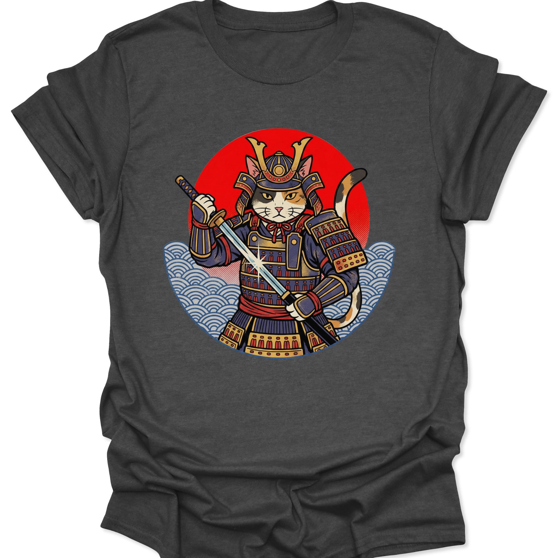 Dark heather unisex adult t-shirt showing a vintage anime cat samurai in traditional bushido gear and gold accents.
