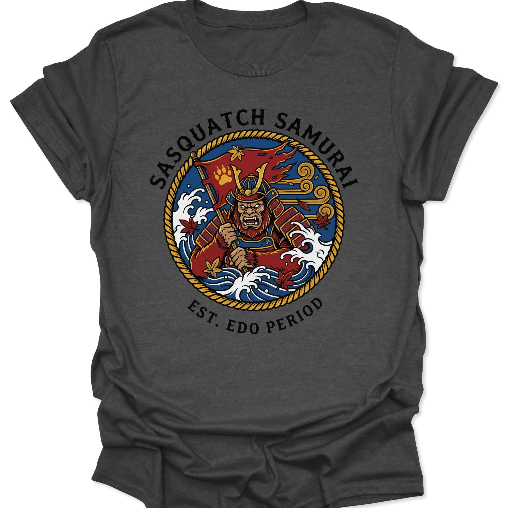 Dark Heather unisex adult t-shirt showcasing a mythical Sasquatch Samurai in traditional Japanese armor with ukiyo-e waves.