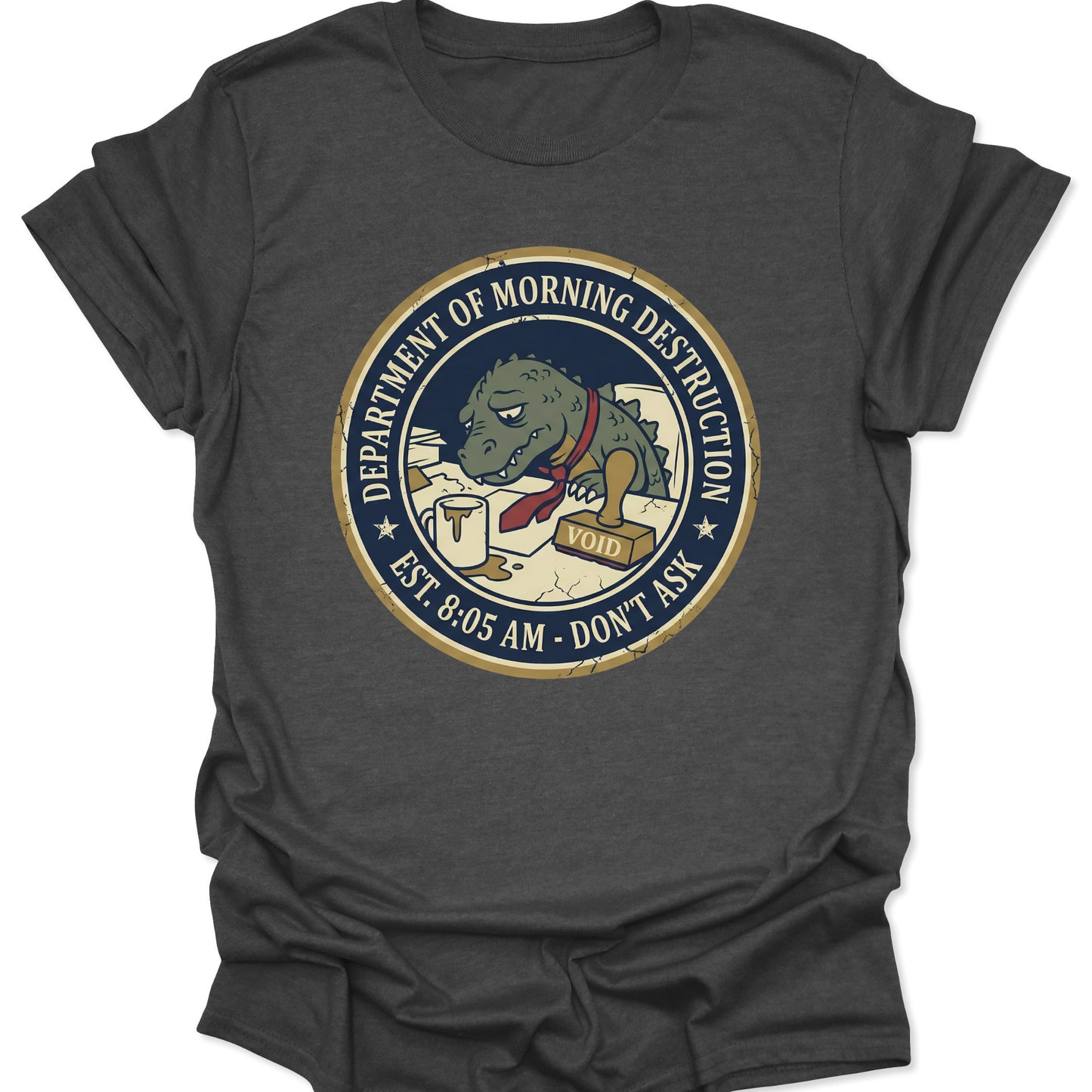 Dark Heather unisex adult t-shirt featuring funny godzilla style office worker badge with distressed aesthetic.