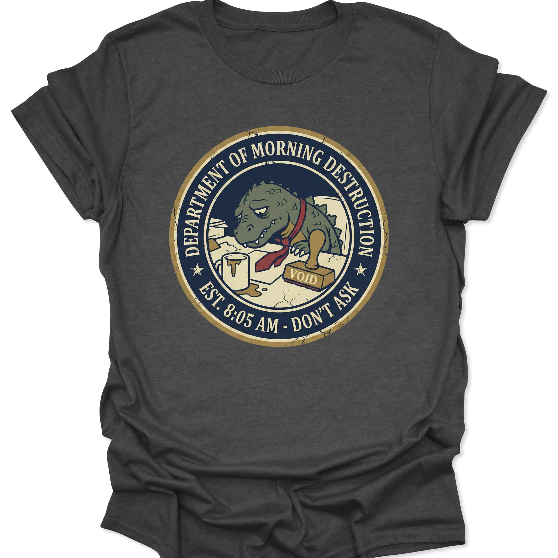Dark Heather unisex adult t-shirt featuring funny godzilla style office worker badge with distressed aesthetic.