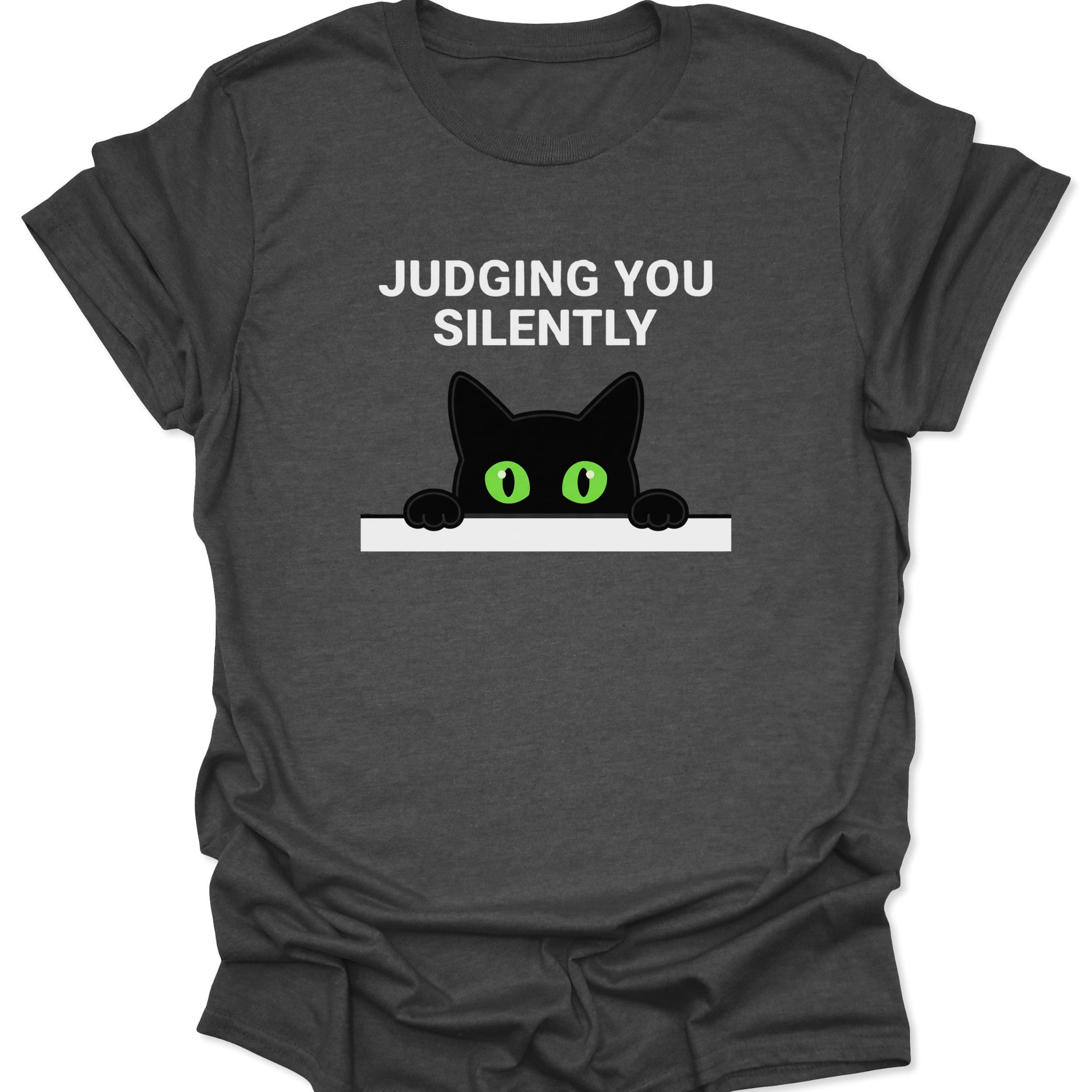 Dark Heather unisex adult t-shirt featuring a peeking black cat with green eyes and Judging You Silently text.