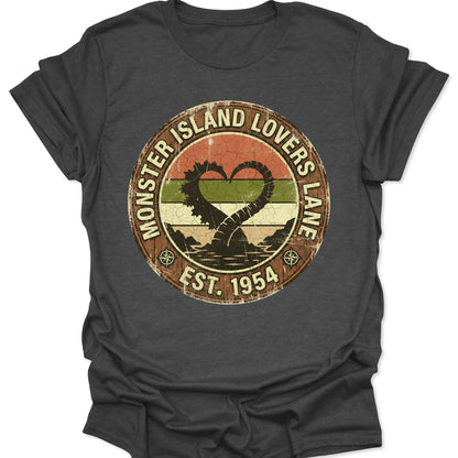 Dark Heather unisex adult t-shirt featuring vintage style Godzilla inspired heart graphic for Valentine's Day fans.