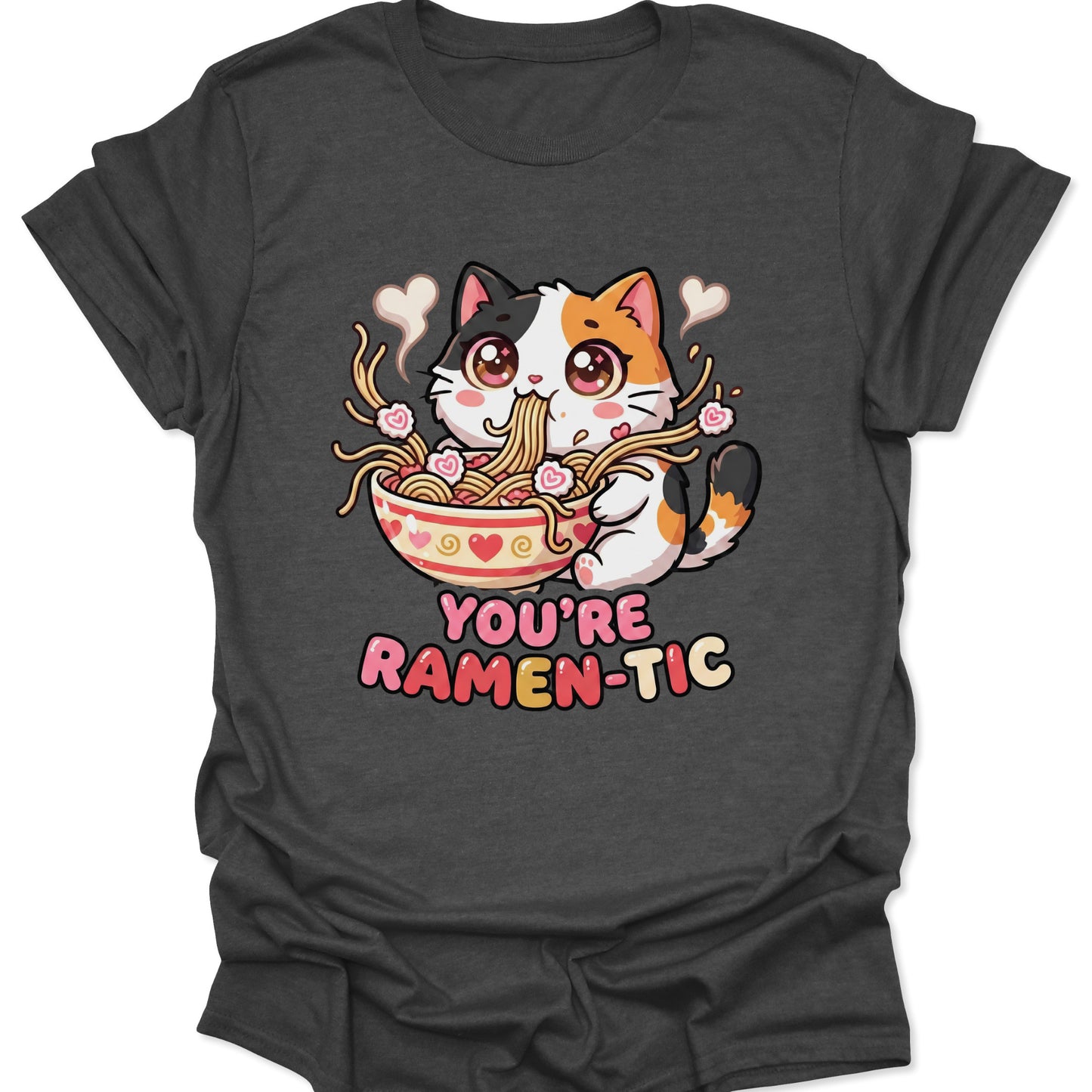 Dark Heather unisex adult t-shirt with graphic of chibi kitten in a noodle bowl, perfect for Japanese foodies.