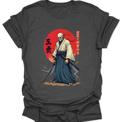 Dark heather gray blended cotton shirt featuring a skeleton samurai with a katana and red sun in Ukiyo-e style, isolated on a neutral studio background.