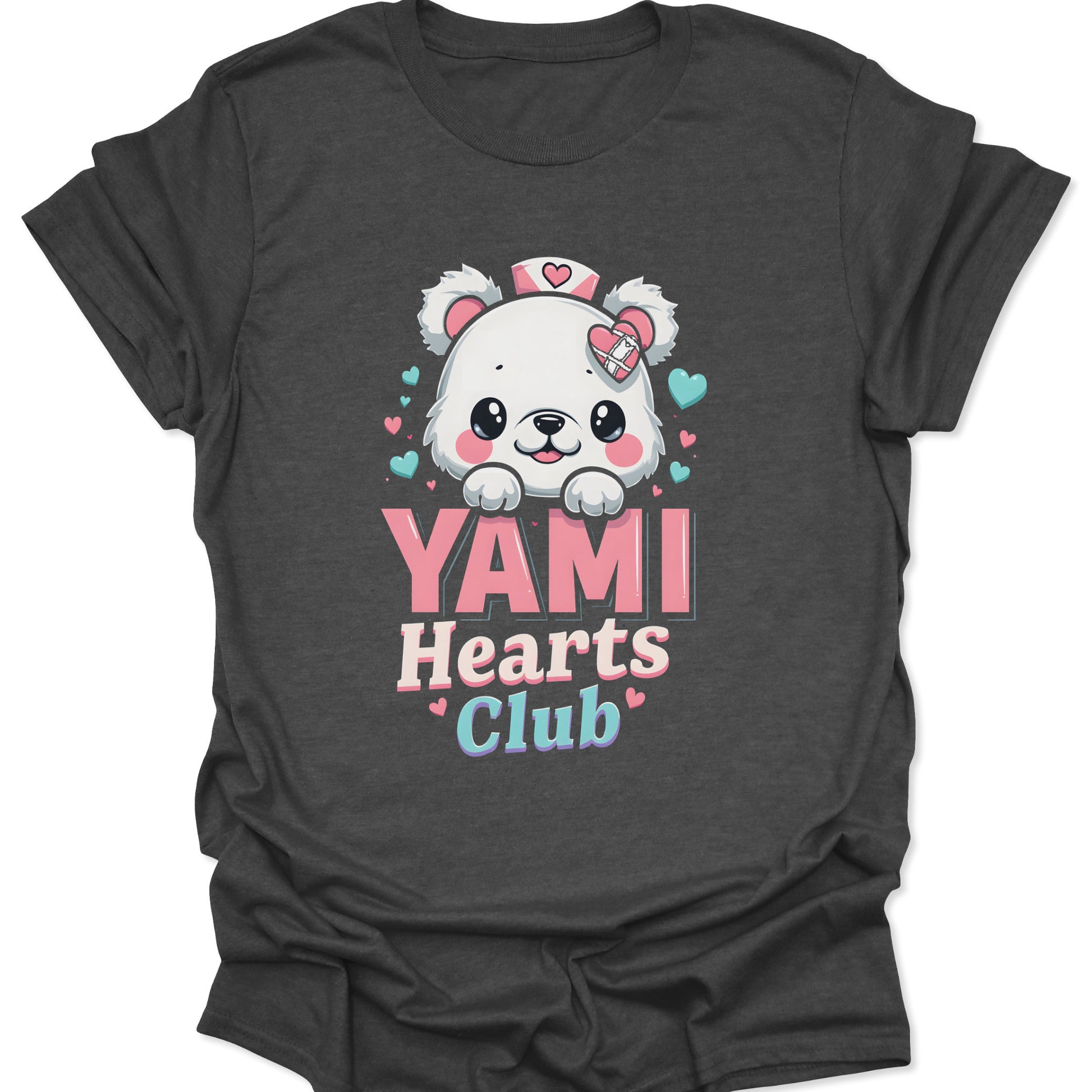 Dark Heather charcoal cotton shirt featuring a Yami Kawaii nurse bear with medical heart icons in a chibi anime style, isolated on a neutral studio background.