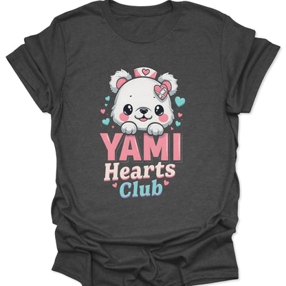 Dark Heather charcoal cotton shirt featuring a Yami Kawaii nurse bear with medical heart icons in a chibi anime style, isolated on a neutral studio background.