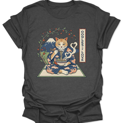 Dark Heather unisex adult t-shirt featuring Ukiyo-e style art of a tabby cat enjoying noodles with Oodles of Love text.