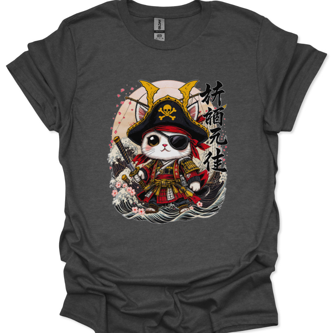 Dark gray t-shirt with a cat in pirate costume graphic design on a white background