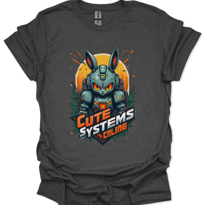 Gray t-shirt with a robot and 'Cute Systems Online' graphic on a white background