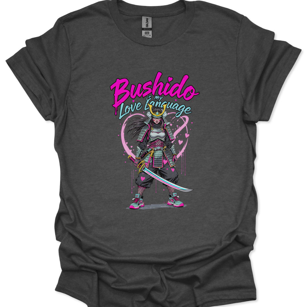 Gray t-shirt with a graphic of a samurai and 'Bushido is my love language' text on a white background