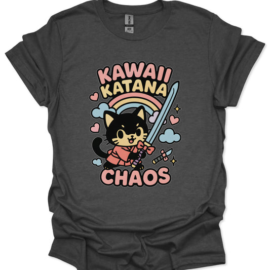 Kawaii samurai cat holding a katana with rainbow and clouds