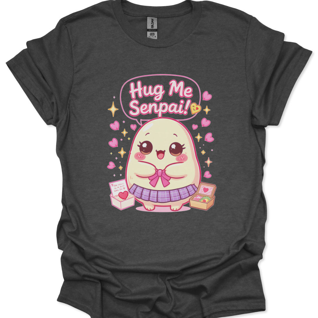 Blushing mochi character asking for a hug with speech bubble