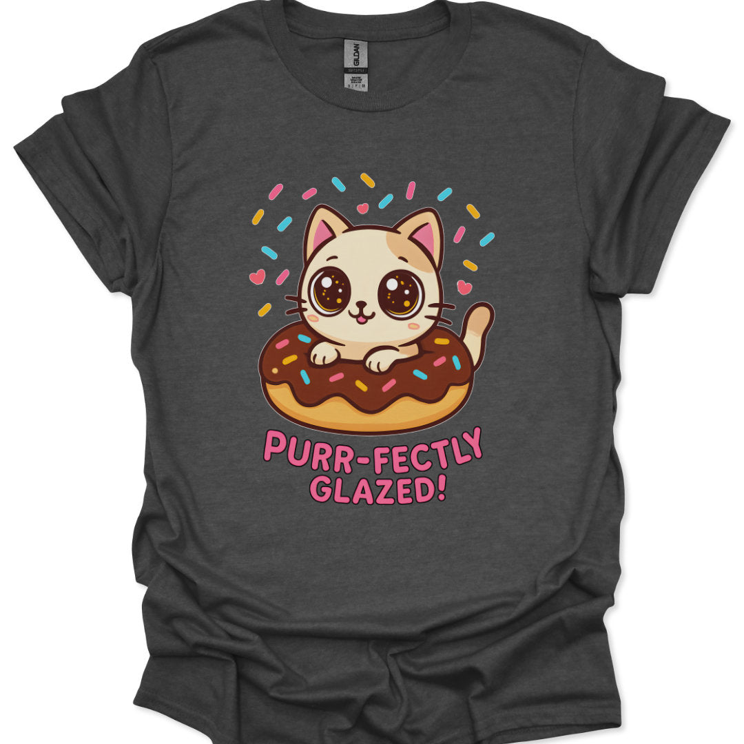 Gray t-shirt with a cat on a donut graphic and 'Purr-fectly Glazed!' text.