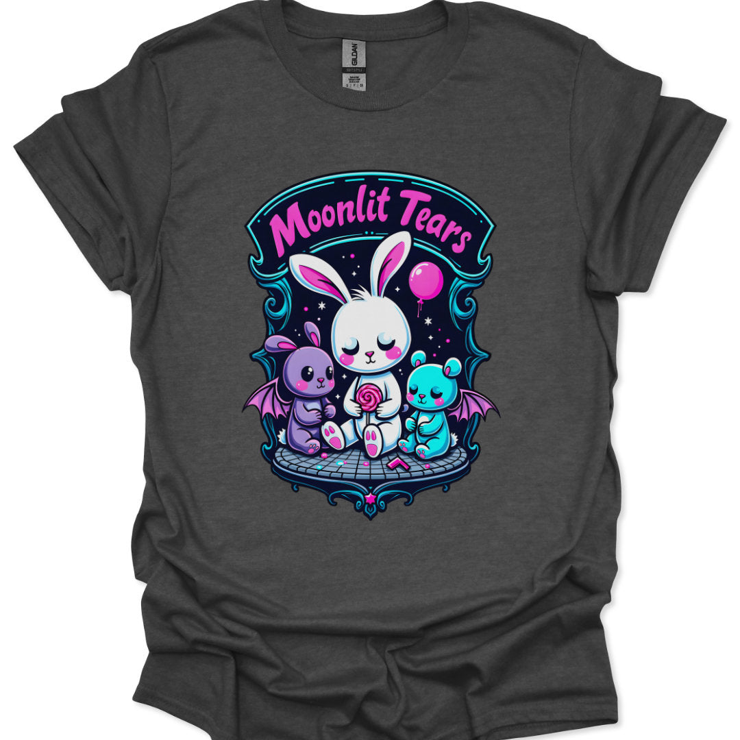 Dark gray t-shirt with 'Moonlit Tears' graphic featuring cartoon characters on a white background