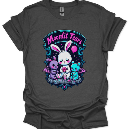 Dark gray t-shirt with 'Moonlit Tears' graphic featuring cartoon characters on a white background