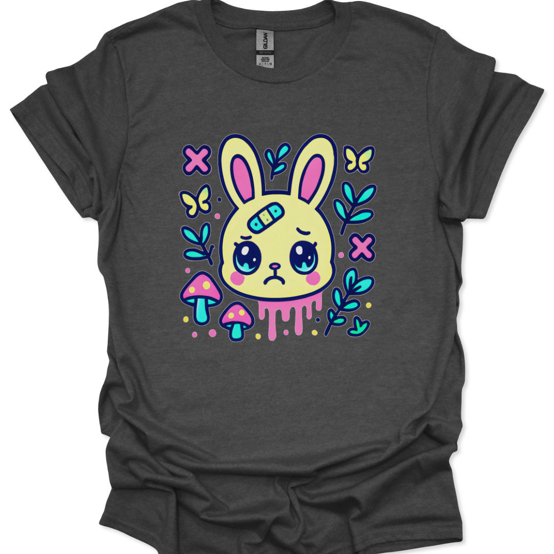 Chibi bunny head melting drip with forest elements in bold outline style