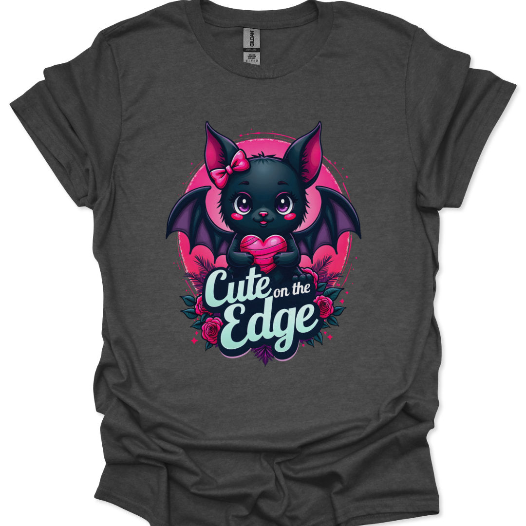 Gray t-shirt with a cute bat graphic and 'Cute on the Edge' text on a white background