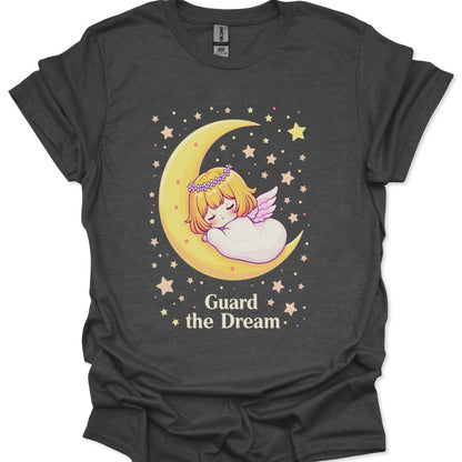 Dark gray t-shirt with a cartoon angel on a crescent moon and 'Guard the Dream' text.